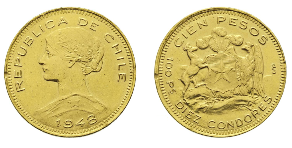 100 pesos cile oro 1948