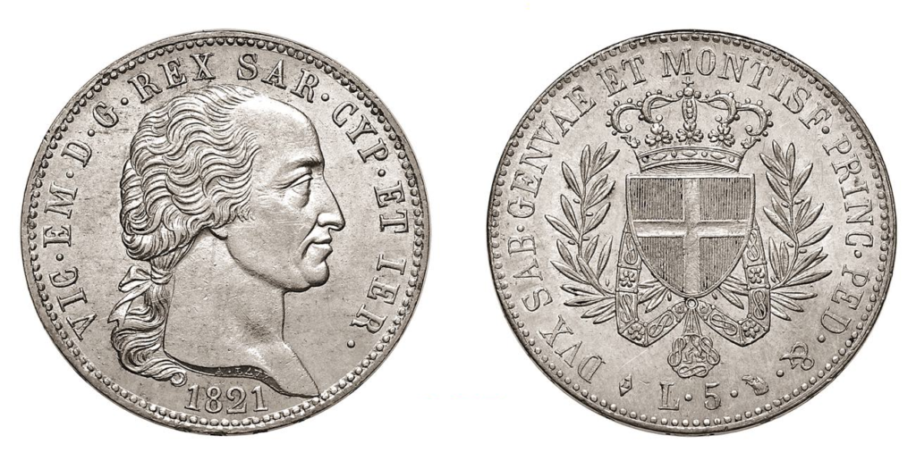 5 lire in argento di Vittorio Emanuele I (1821) - valore: 21.000 euro