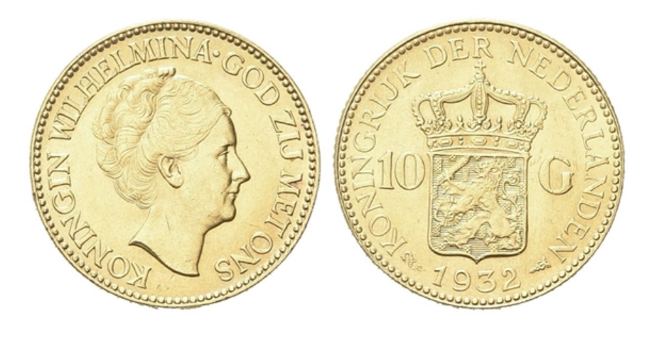 10 gulden 1932 Olanda in oro, moneta straniera rara