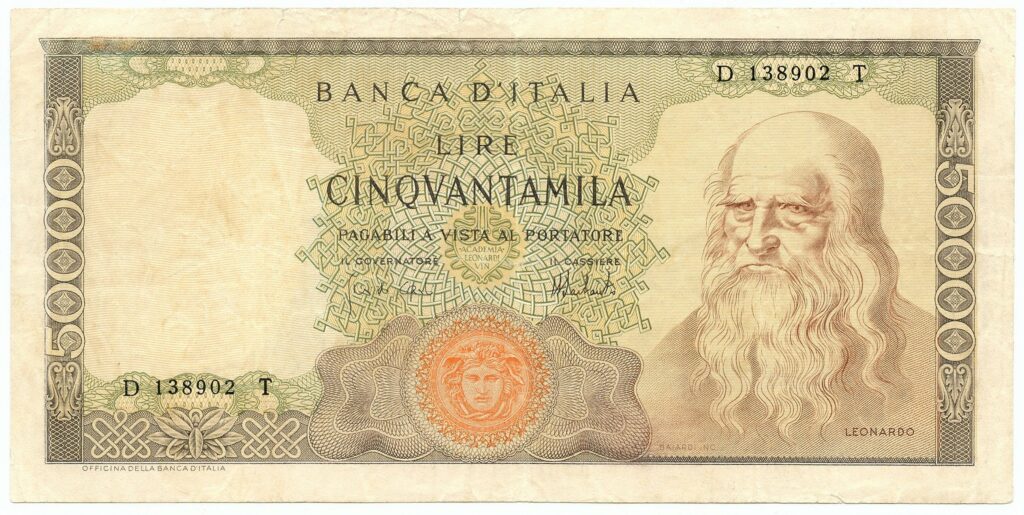 50.000 lire con Leonardo Da Vinci con filigrana capovolta