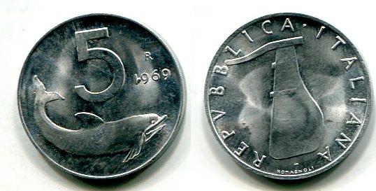 Moneta 5 lire 1969 con 1 capovolto